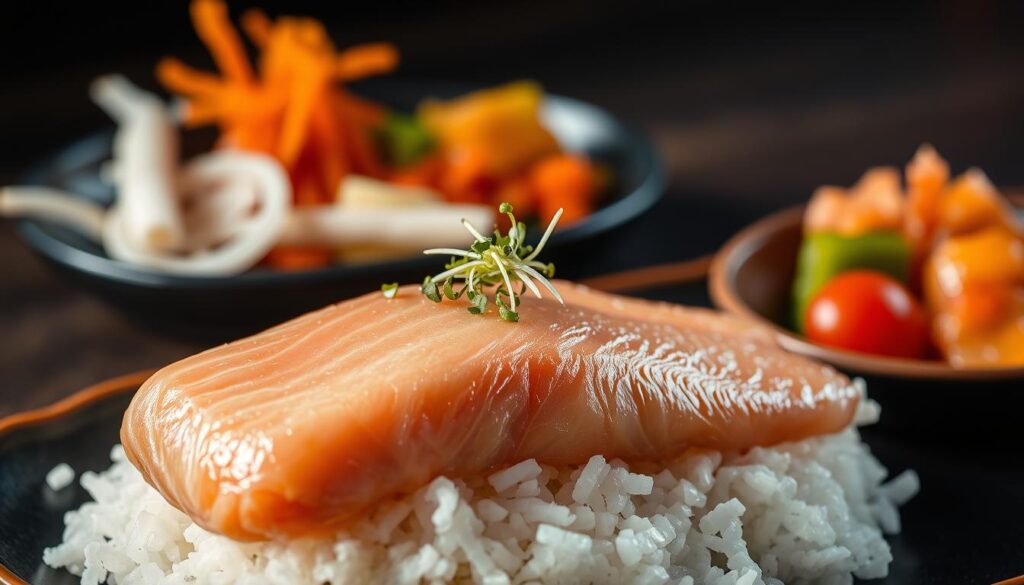 Authentic Japanese salmon dish with regional ingredients