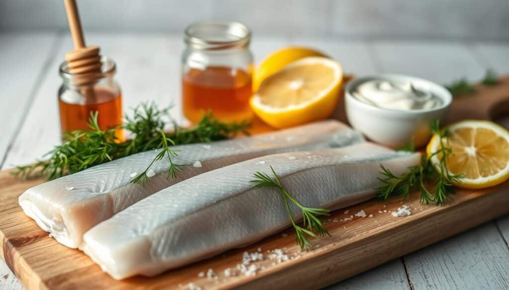 Silver salmon recipe ingredients on a wooden board