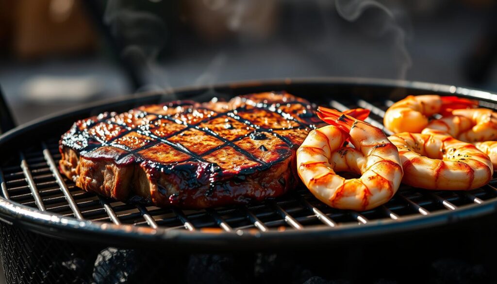 perfectly grilled steak and shrimp on a grill perfectly grilled steak and shrimp on a grill