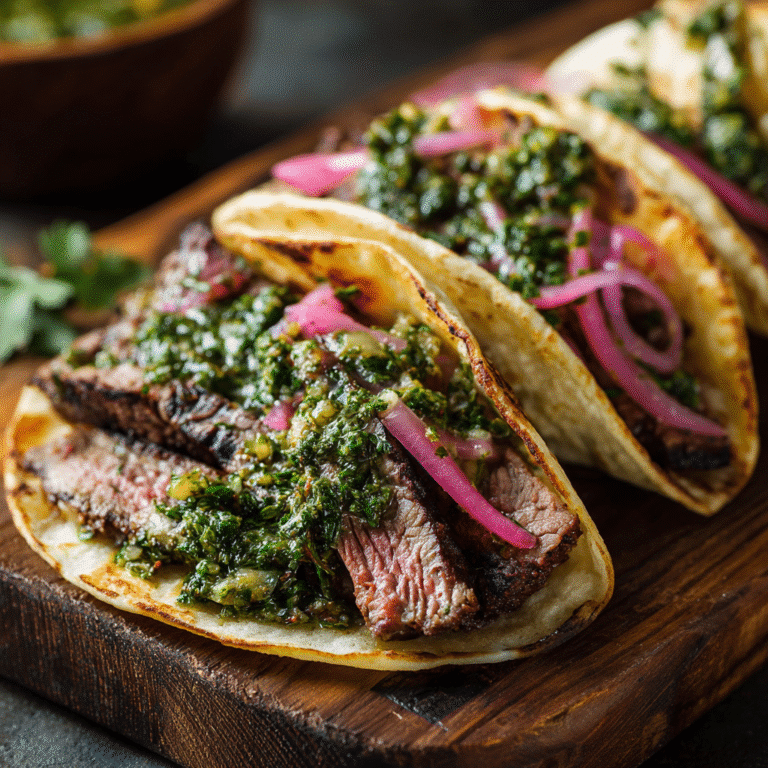 Chimichurri steak tacos on wooden table