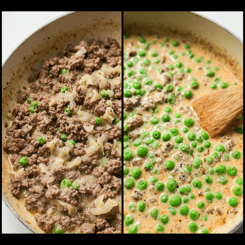Ingredients for ground beef stroganoff laid out on a wooden counter